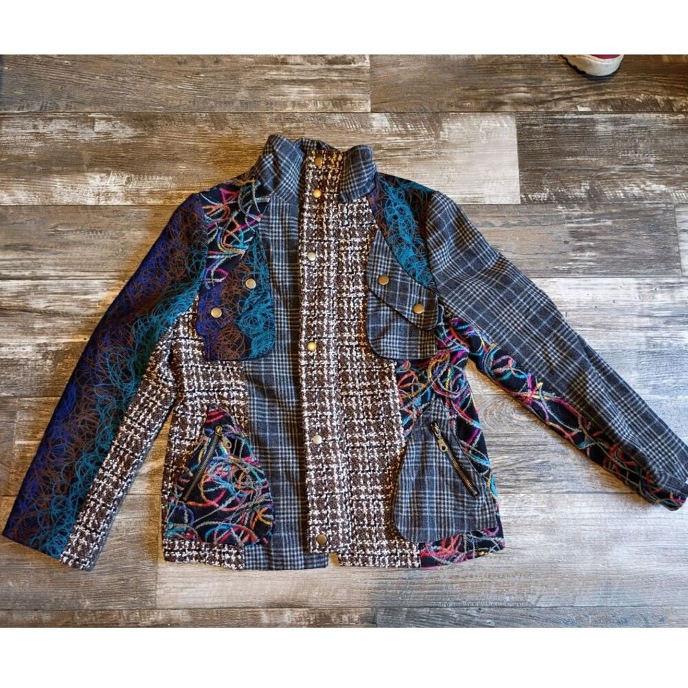 Pura Vida Women's Large Patchwork Plaid Tweed Jacket Multicolor Boho Zip Pockets